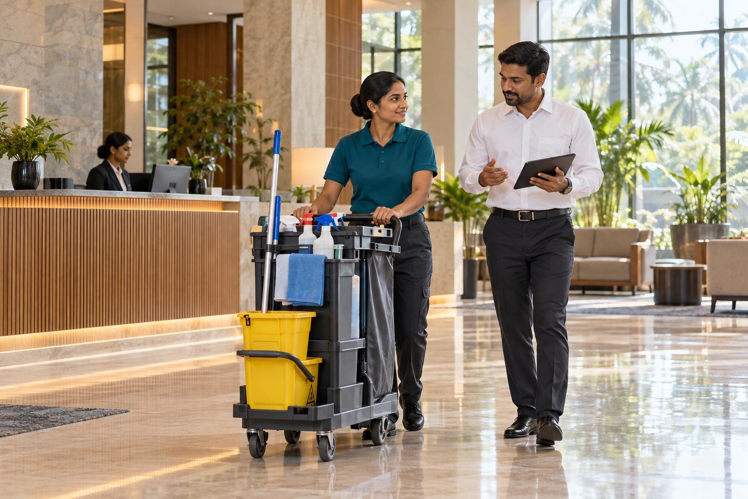 Illustrative housekeeping professional and facility supervisor in a bright office lobby